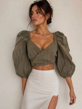 Shore Olive Puff-Sleeve Wrap Crop Top - Women's